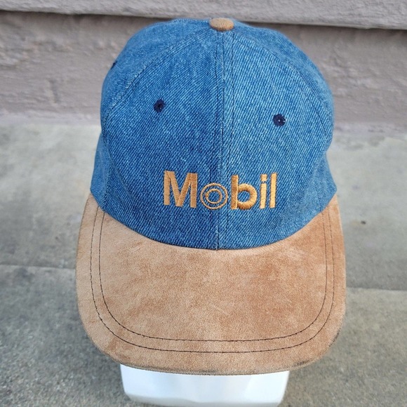 Vtg Mobil Gas Denim Leather Strapback Hat With Suede Bill - Picture 3 of 7